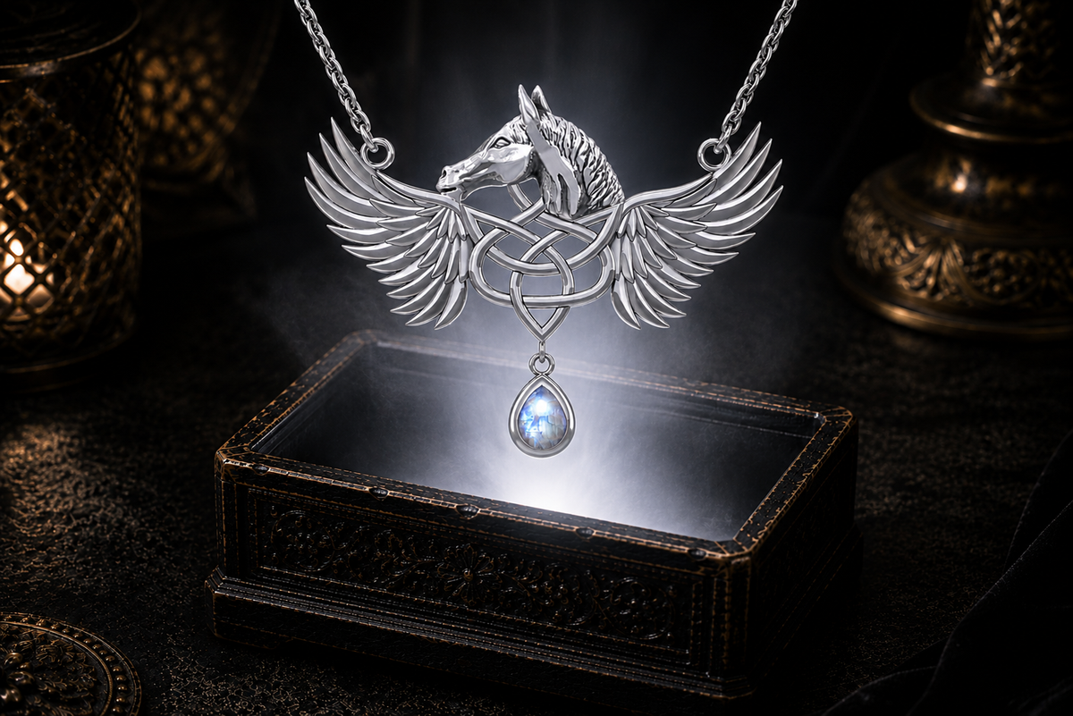 Sterling silver Pegasus Trinity Knot pendant with rainbow moonstone gemstone displayed above an ornate dark jewelry box against a shadowed luxury backdrop