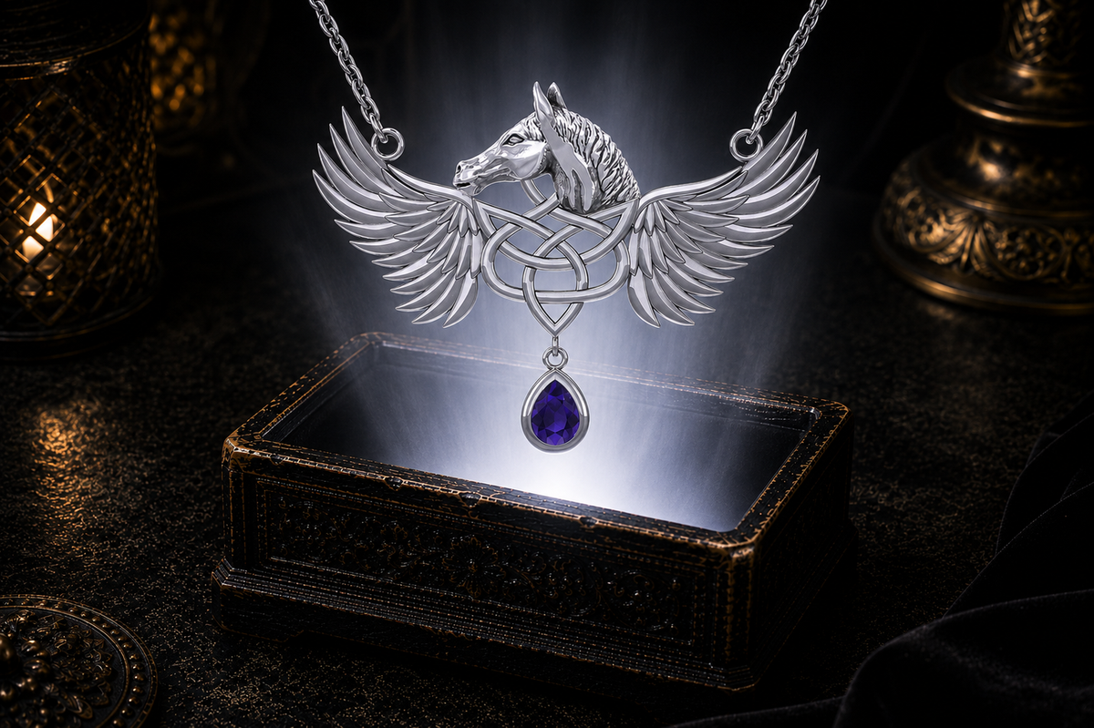 Sterling silver Celtic Pegasus necklace with sapphire gemstone floating above a radiant jewelry chest in an elegant cinematic atmosphere