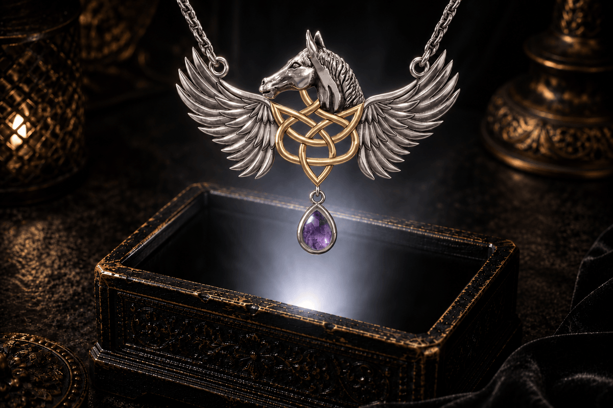 Pegasus necklace in sterling silver with gold Celtic knot accents and purple amethyst, suspended over an illuminated antique coffer beside softly glowing lanterns