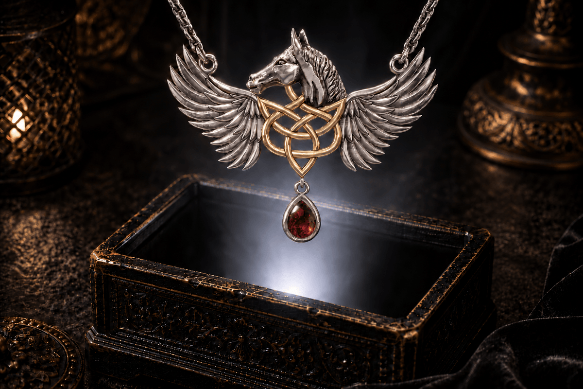 Pegasus necklace in sterling silver with gold Celtic knot accents and red garnet, hovering over an open antique coffer with a white beam illuminating the surrounding haze