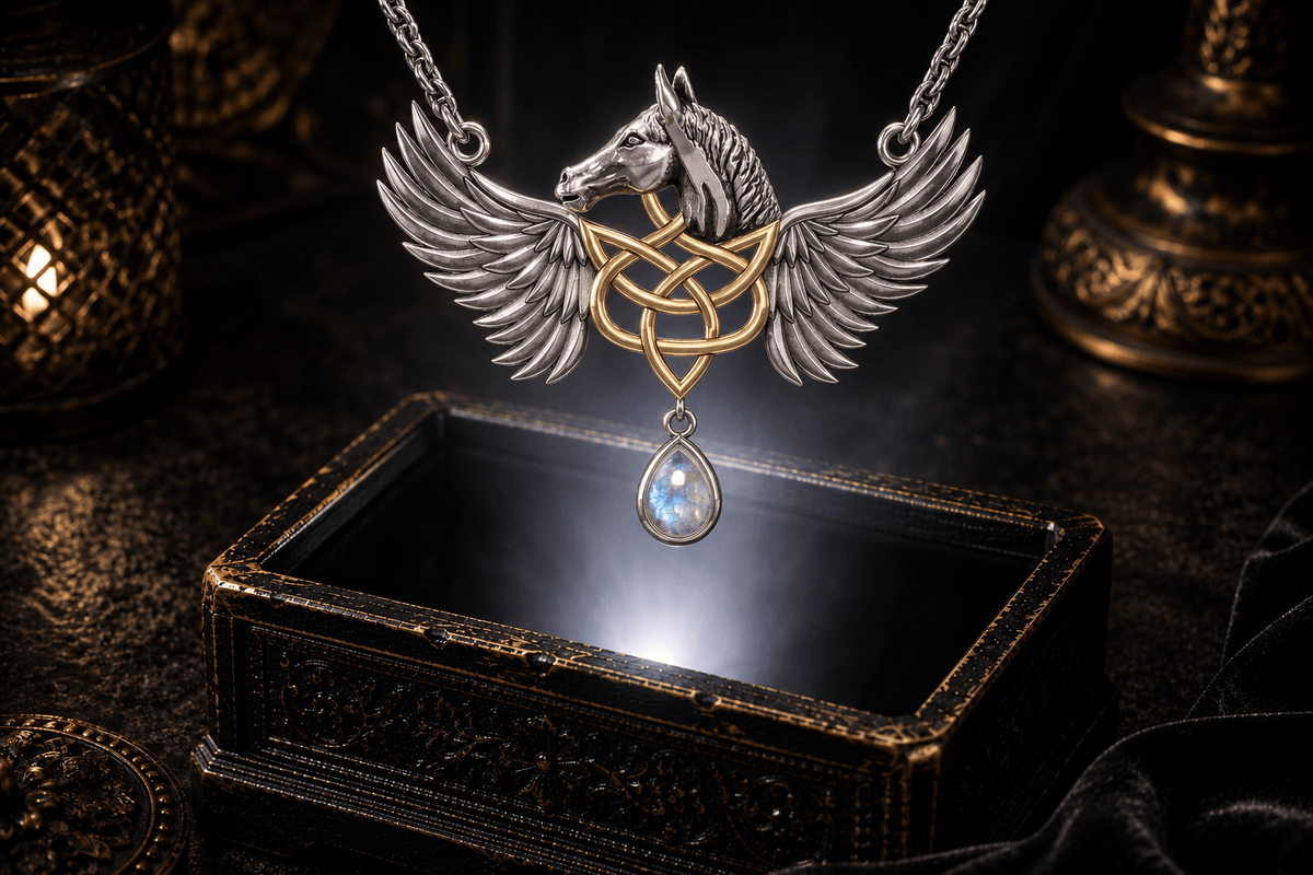Pegasus necklace in sterling silver with gold Celtic knot accents and rainbow moonstone, hovering above an antique jewelry box with white light rising from within