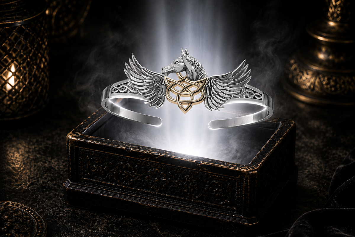 Pegasus sterling silver cuff bracelet with 14K gold Celtic knot centerpiece floating above an ornate jewelry box illuminated by soft white light in a dark luxury setting with cinematic atmosphere, mythological symbolism, and refined equestrian elegance.