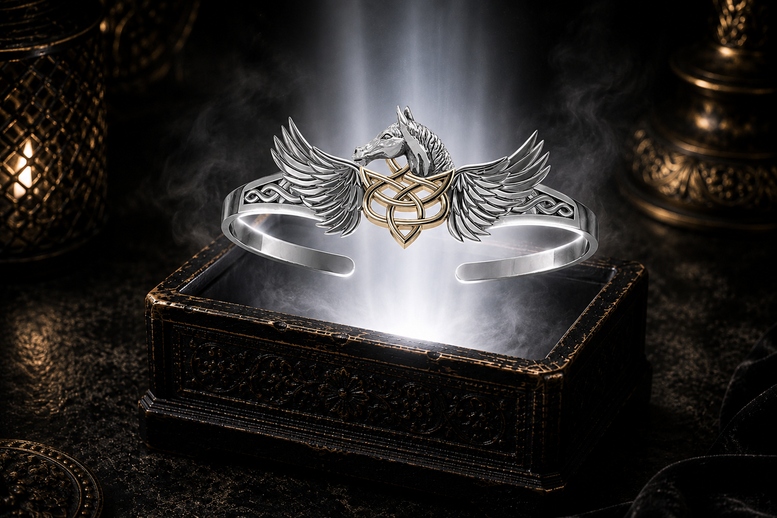 Pegasus sterling silver cuff bracelet with 14K gold Celtic knot centerpiece floating above an ornate jewelry box illuminated by soft white light in a dark luxury setting with cinematic atmosphere, mythological symbolism, and refined equestrian elegance.