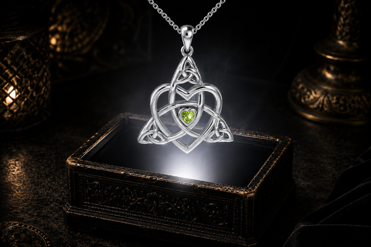 Peridot Celtic Trinity heart pendant on a sterling silver cable chain suspended in a white beam above a dark antique jewelry box