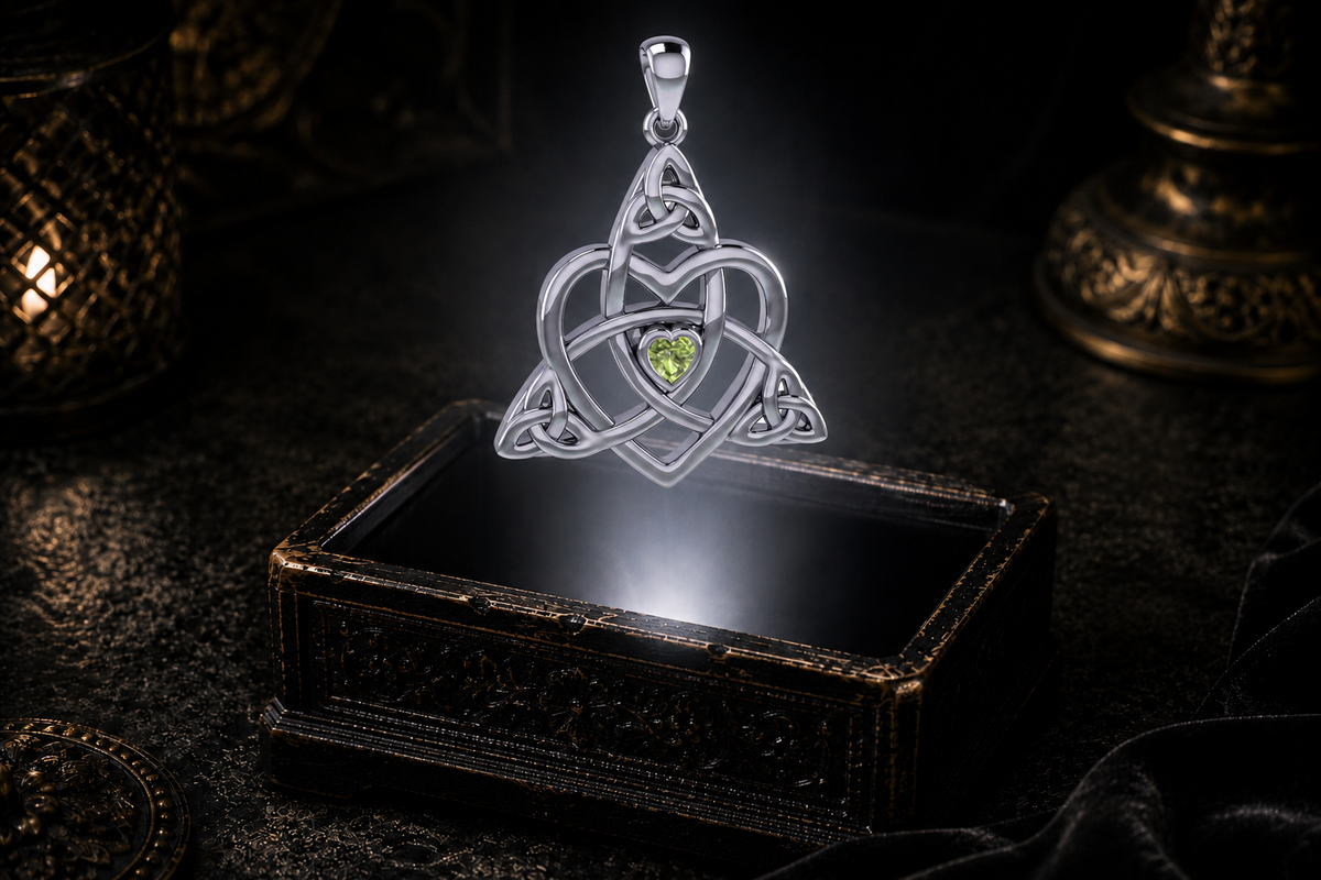 Sterling silver Celtic heart pendant with Trinity knot details and a heart-shaped peridot floating above an ornate antique jewelry box