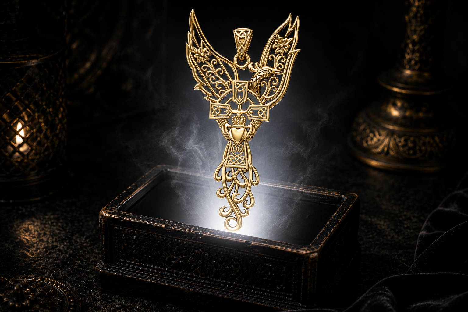 14K or 18K solid yellow gold Phoenix Claddagh Celtic Cross pendant with ornate filigree wings, Celtic knotwork, and blossom details floating above an ornate black jewelry box illuminated by soft white light in a dark luxurious Celtic-inspired setting with candlelit ambiance.