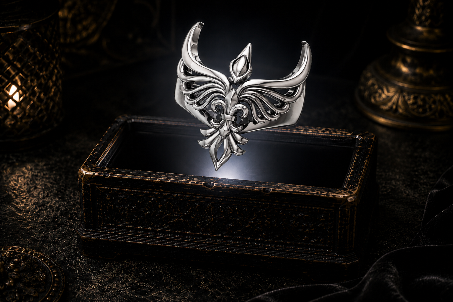 Sterling silver Phoenix Fleur De Lis ring displayed on a dark cinematic luxury jewelry background