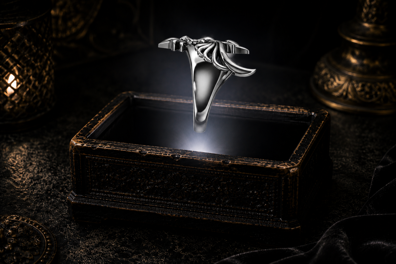 Sterling silver Phoenix Fleur De Lis ring displayed on a dark cinematic luxury jewelry background
