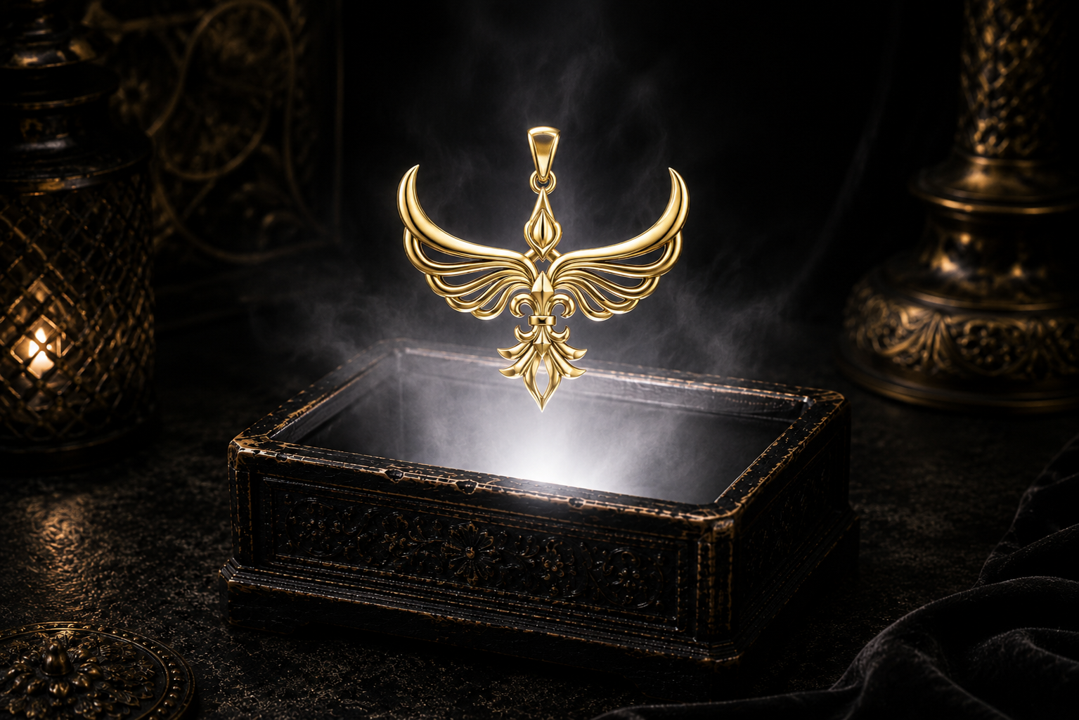 Solid gold Phoenix Fleur De Lis pendant floating above an ornate black jewelry box with soft white glow, swirling mist, candlelit accents, and a dark luxurious mythic setting.
