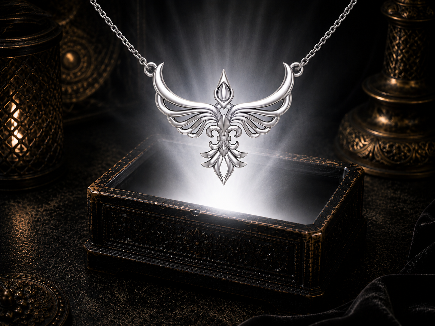 Sterling silver Phoenix Fleur De Lis necklace floating above an ornate jewelry box surrounded by glowing light in a dark luxury setting