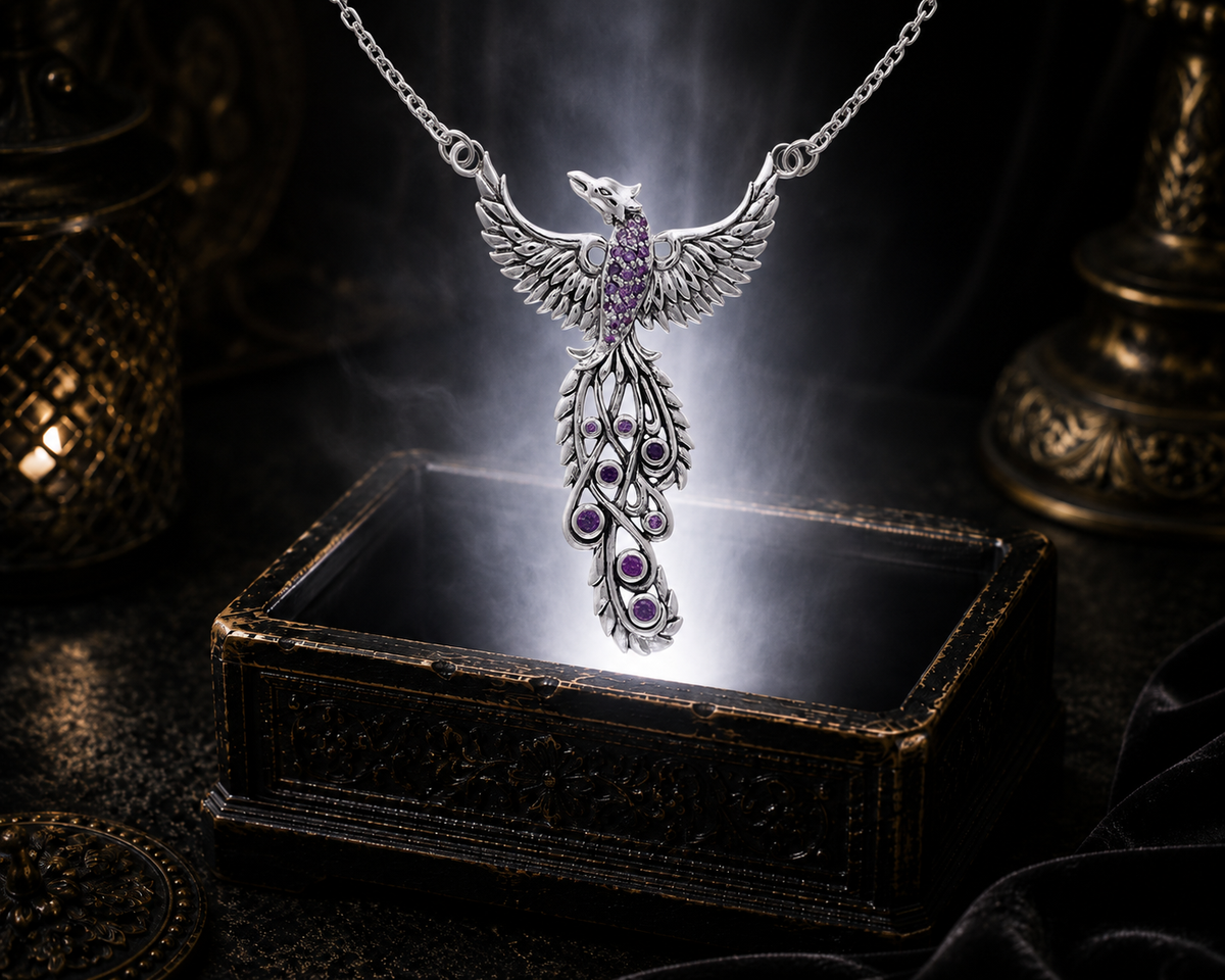 Sterling silver Phoenix necklace with amethyst gemstones floating above a luminous ornate jewelry box in a dark cinematic setting