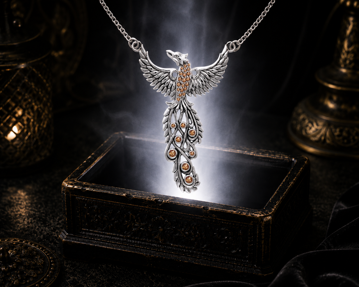 Sterling silver Phoenix pendant with brown cubic zirconia gemstones illuminated above an ornate jewelry chest surrounded by soft glowing light