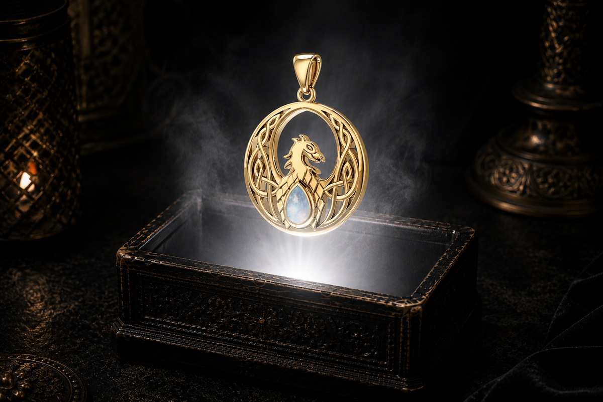 Solid yellow gold Phoenix Talisman pendant with rainbow moonstone gemstone floating above an ornate dark jewelry box surrounded by luminous white light and drifting mist in a cinematic luxury setting, showcasing Celtic knotwork and a majestic phoenix symbol of renewal and transformation.