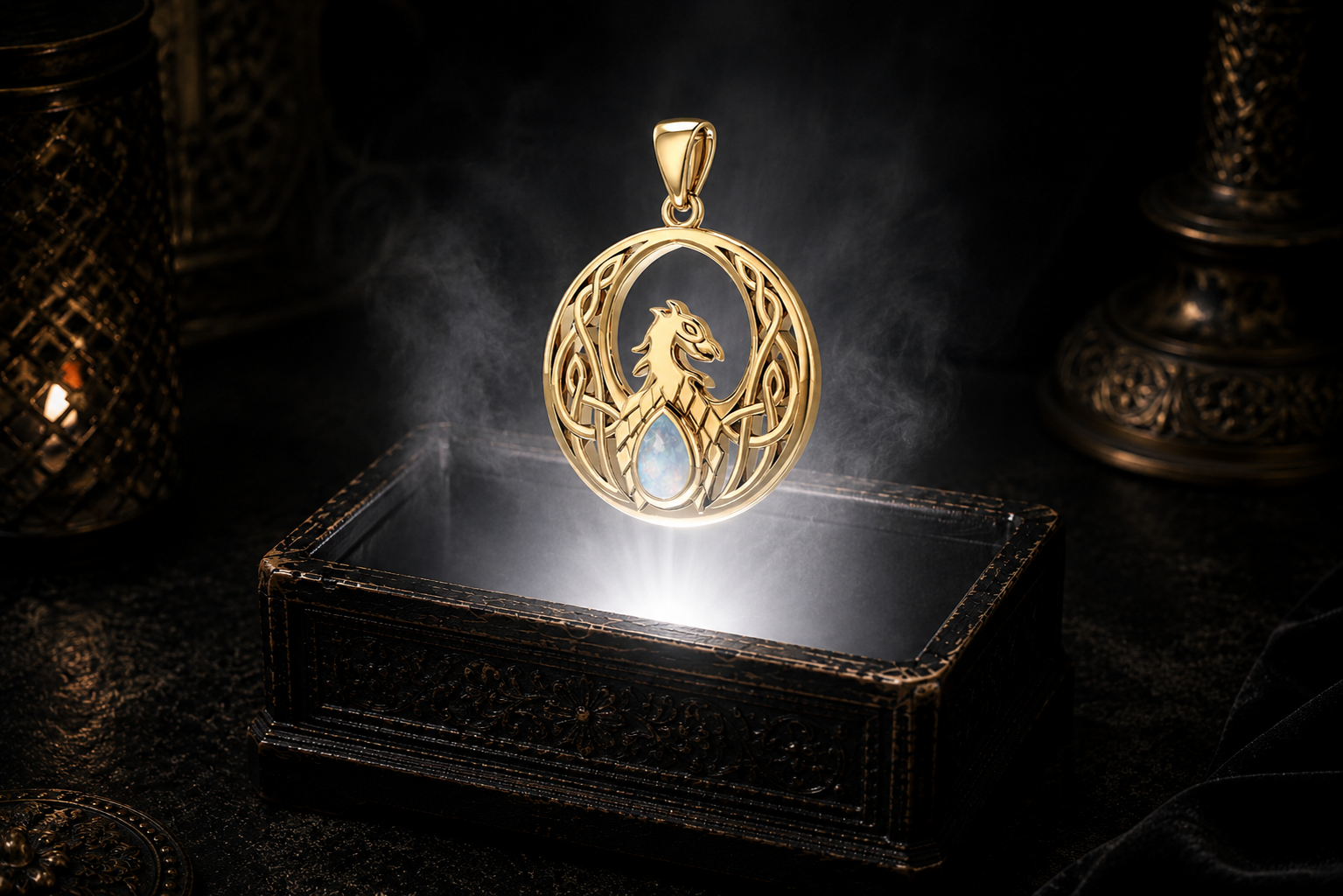 Solid yellow gold Phoenix Talisman pendant with rainbow moonstone gemstone floating above an ornate dark jewelry box surrounded by luminous white light and drifting mist in a cinematic luxury setting, showcasing Celtic knotwork and a majestic phoenix symbol of renewal and transformation.