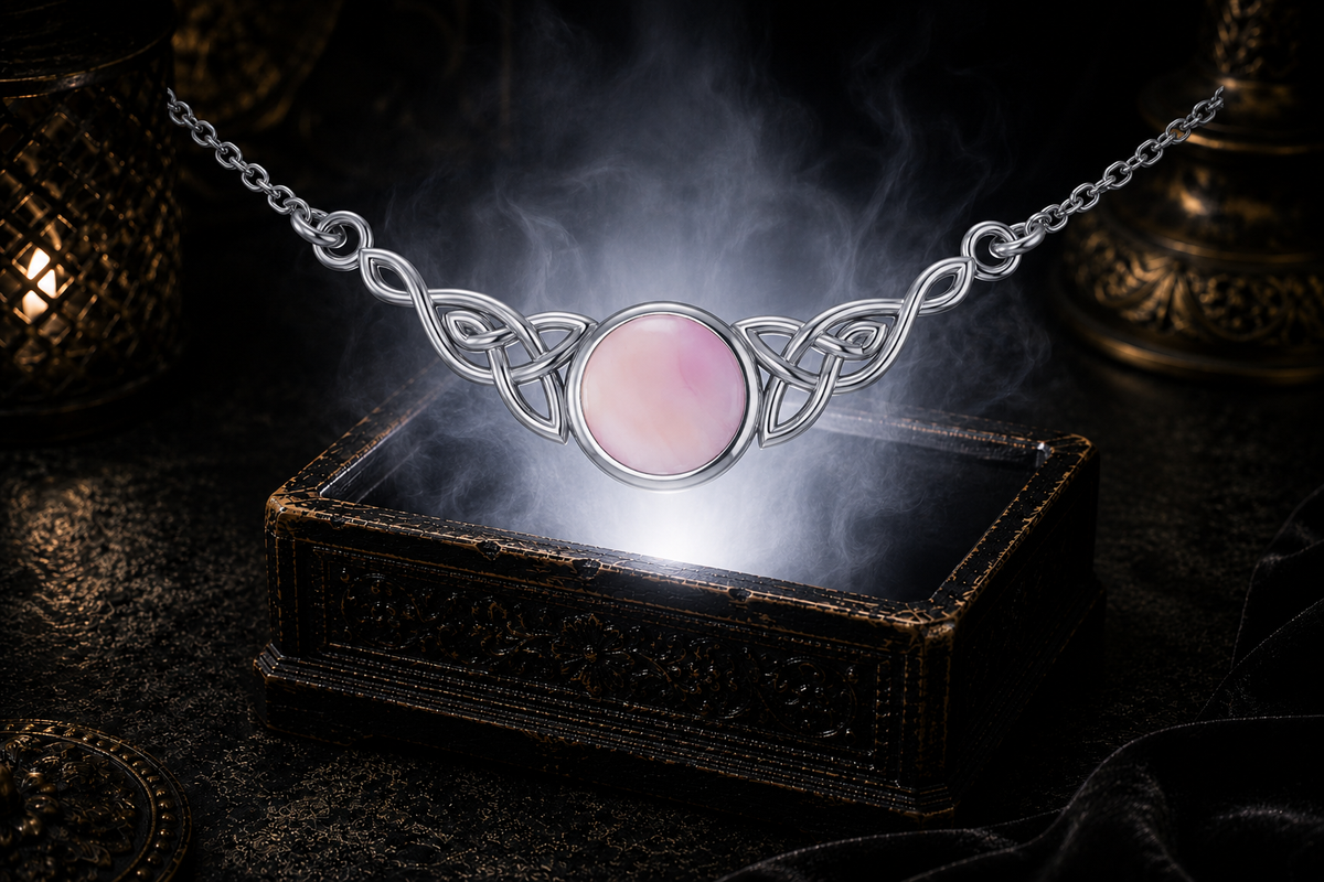 Pink shell Celtic knot sterling silver necklace displayed in a soft glowing cinematic jewelry setting