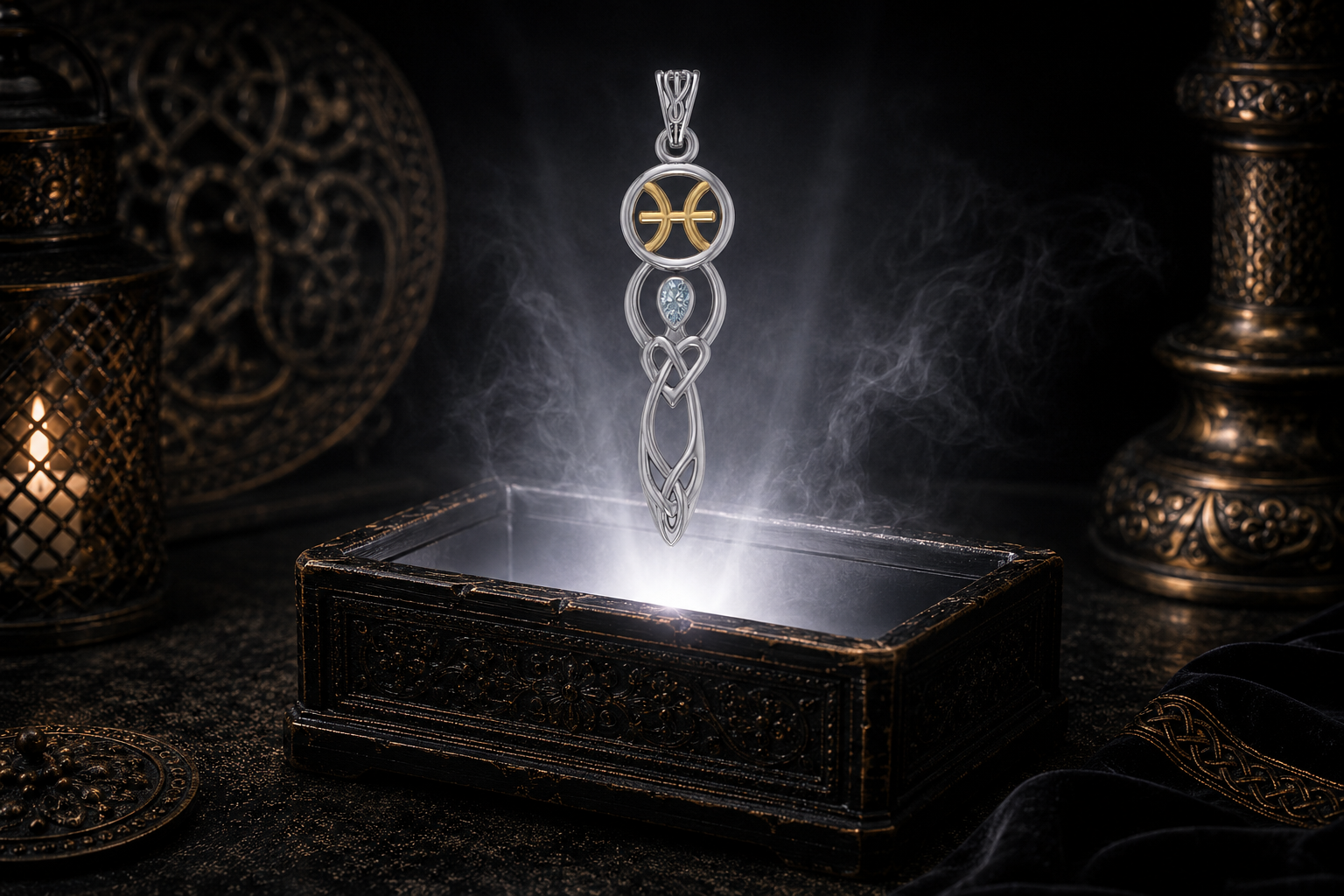 Sterling silver Pisces birthstone pendant with aquamarine, gold accents, and Celtic goddess symbolism showcased above an antique jewelry box surrounded by mystical light and shadow.