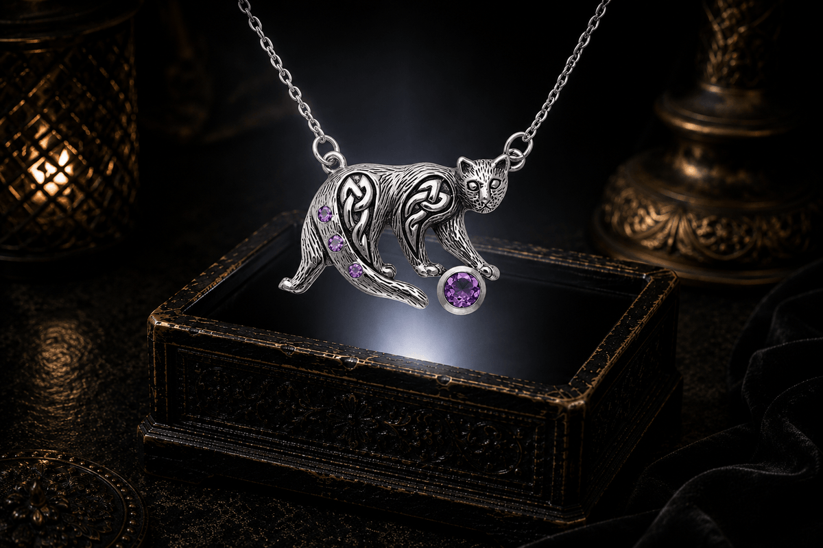 Playful .925 sterling silver cat necklace with purple amethyst stones along its sweeping tail and a larger amethyst ball beneath the front paws, hovering above an antique jewelry box.