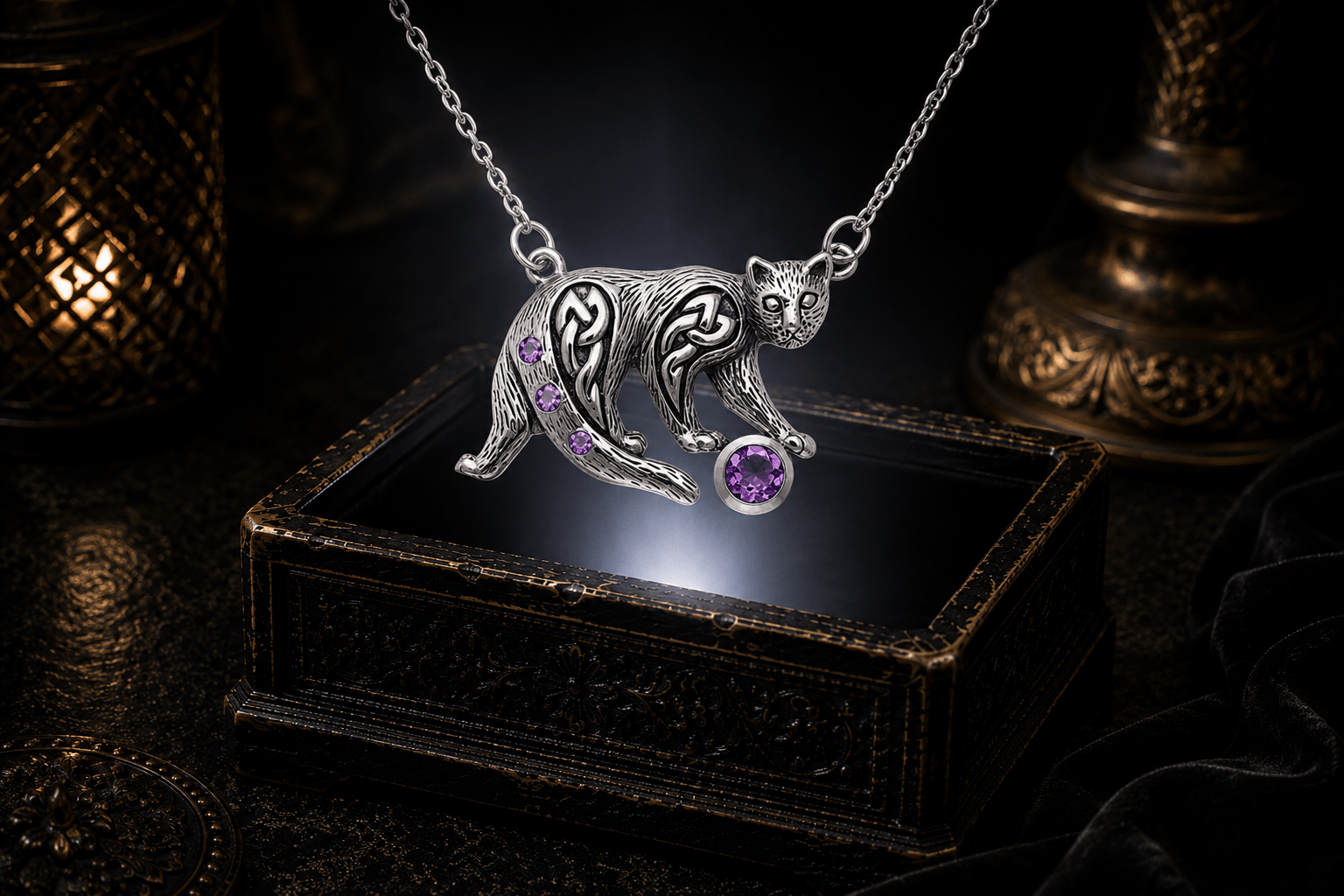 Playful .925 sterling silver cat necklace with purple amethyst stones along its sweeping tail and a larger amethyst ball beneath the front paws, hovering above an antique jewelry box.