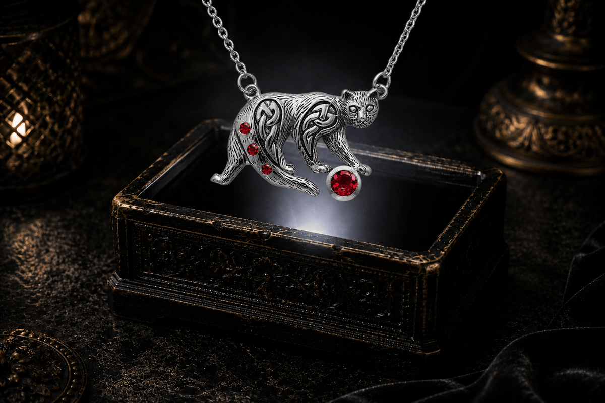 Playful sterling silver cat necklace with red ruby stones set along the curved tail and a larger ruby gemstone ball beneath the front paws in a dark jewelry setting.