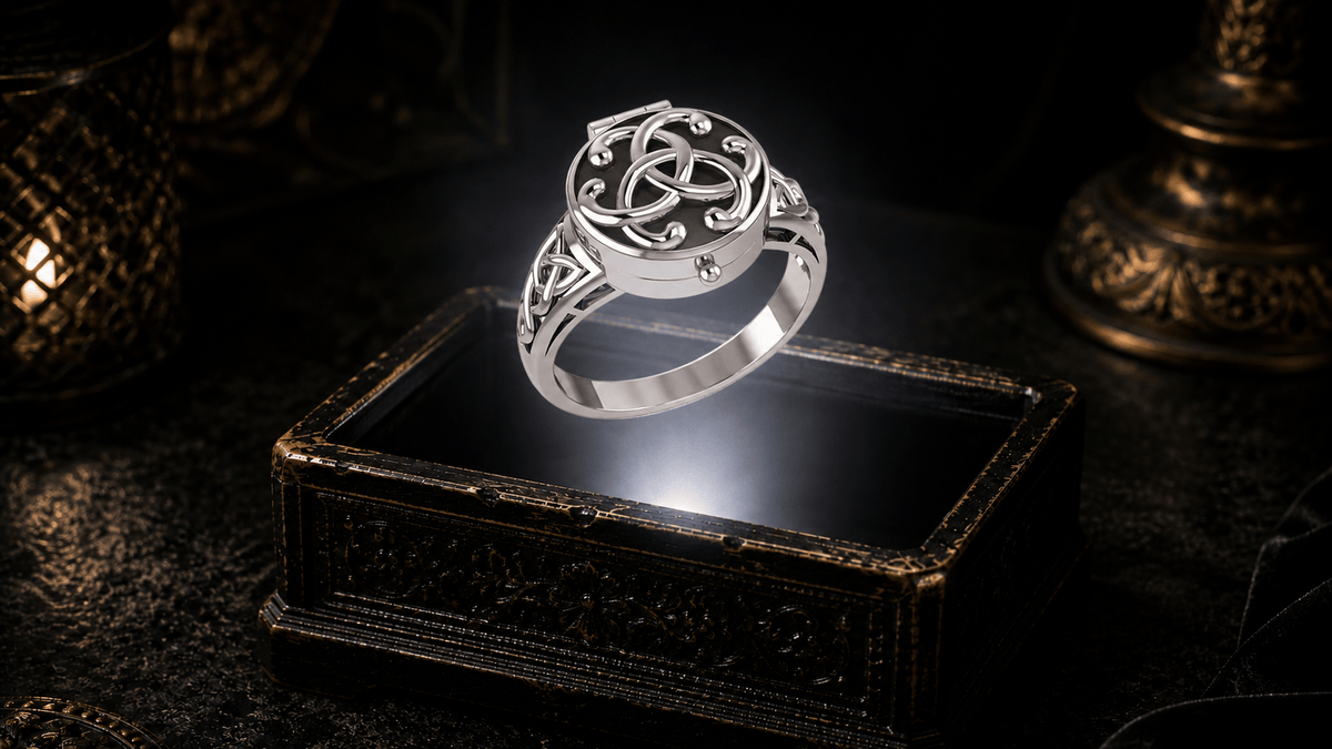 Closed poison ring in sterling silver showing its hinged lid and concealed inner compartment. Celtic knotwork