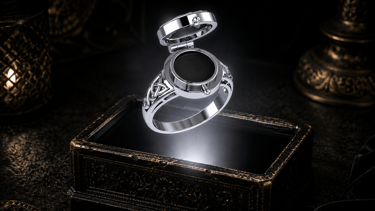 Poison ring in sterling silver showing its hinged lid and concealed inner compartment celtic knots