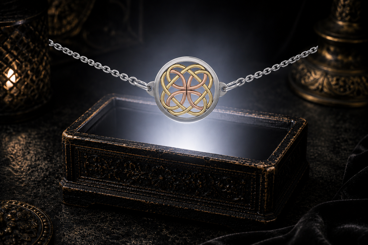 Three-tone sterling silver Celtic knot necklace with 14K yellow gold and rose gold accents floating above a glowing ornate jewelry box in a dark cinematic luxury setting