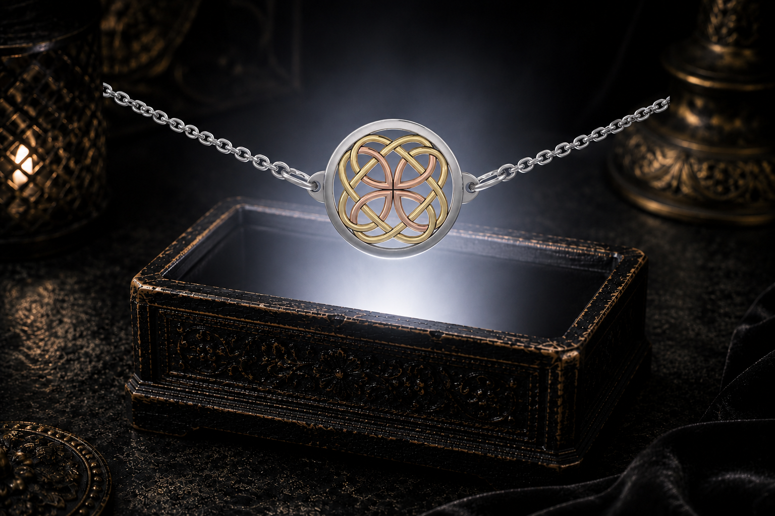 Three-tone sterling silver Celtic knot necklace with 14K yellow gold and rose gold accents floating above a glowing ornate jewelry box in a dark cinematic luxury setting