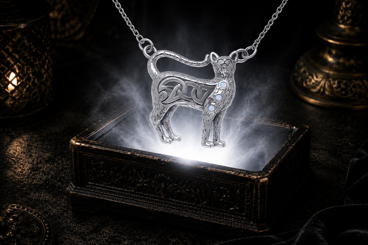 Sterling silver Celtic cat necklace with rainbow moonstone gemstone accents displayed above an ornate dark jewelry box in a mystical luxury setting