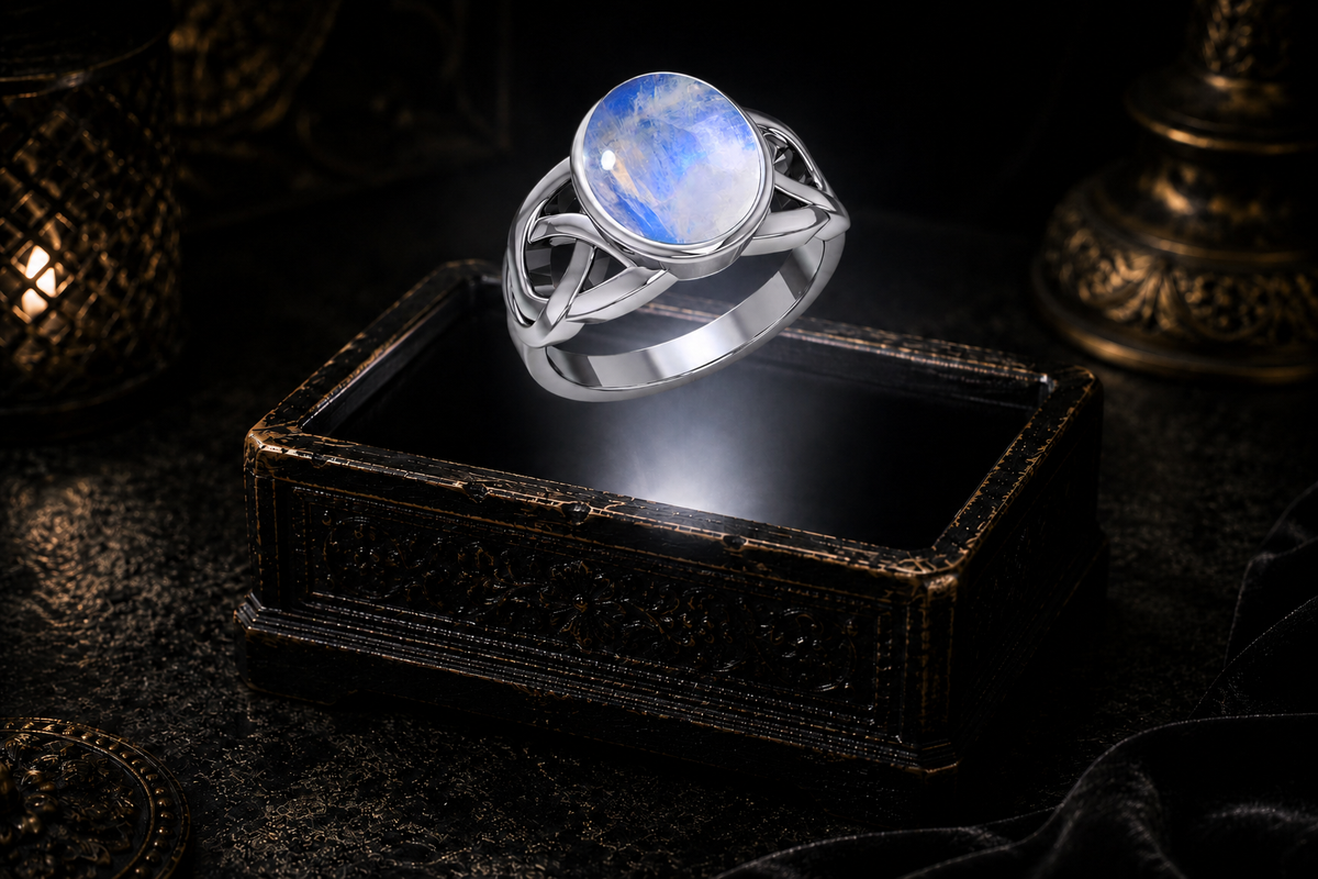 Rainbow moonstone Celtic knot ring in sterling silver displayed above an illuminated antique jewelry box against a dark backdrop