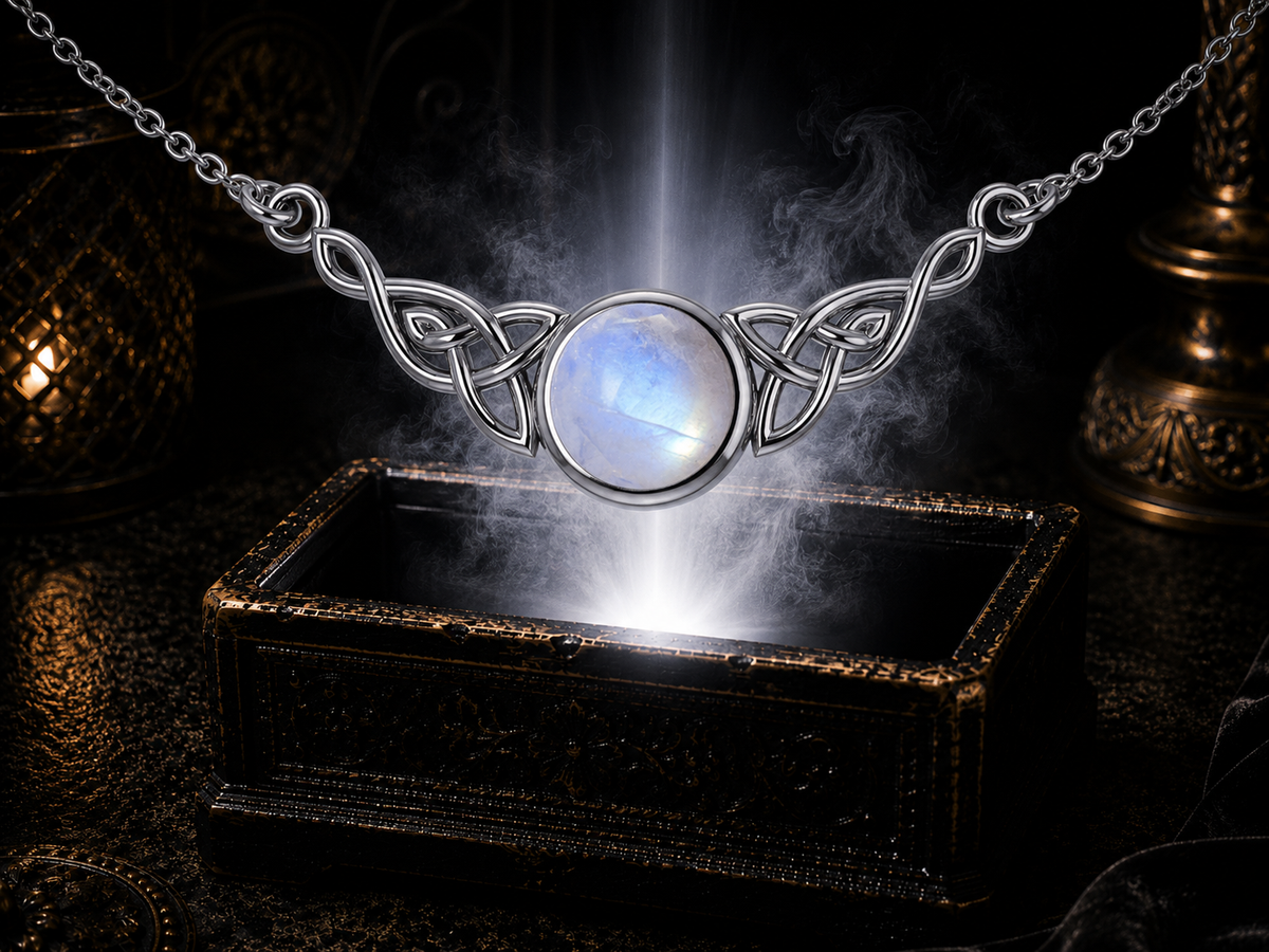 Rainbow moonstone Celtic knot sterling silver necklace glowing within a dark cinematic luxury scene above an ornate jewelry box