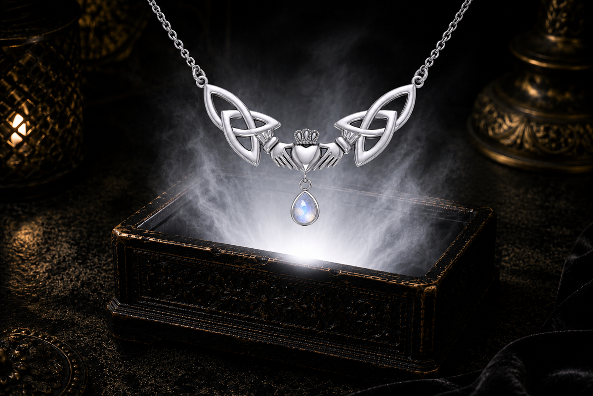 Rainbow moonstone Celtic Claddagh sterling silver drop necklace with Trinity knot detailing glowing above an ornate dark jewelry box in a mystical cinematic scene