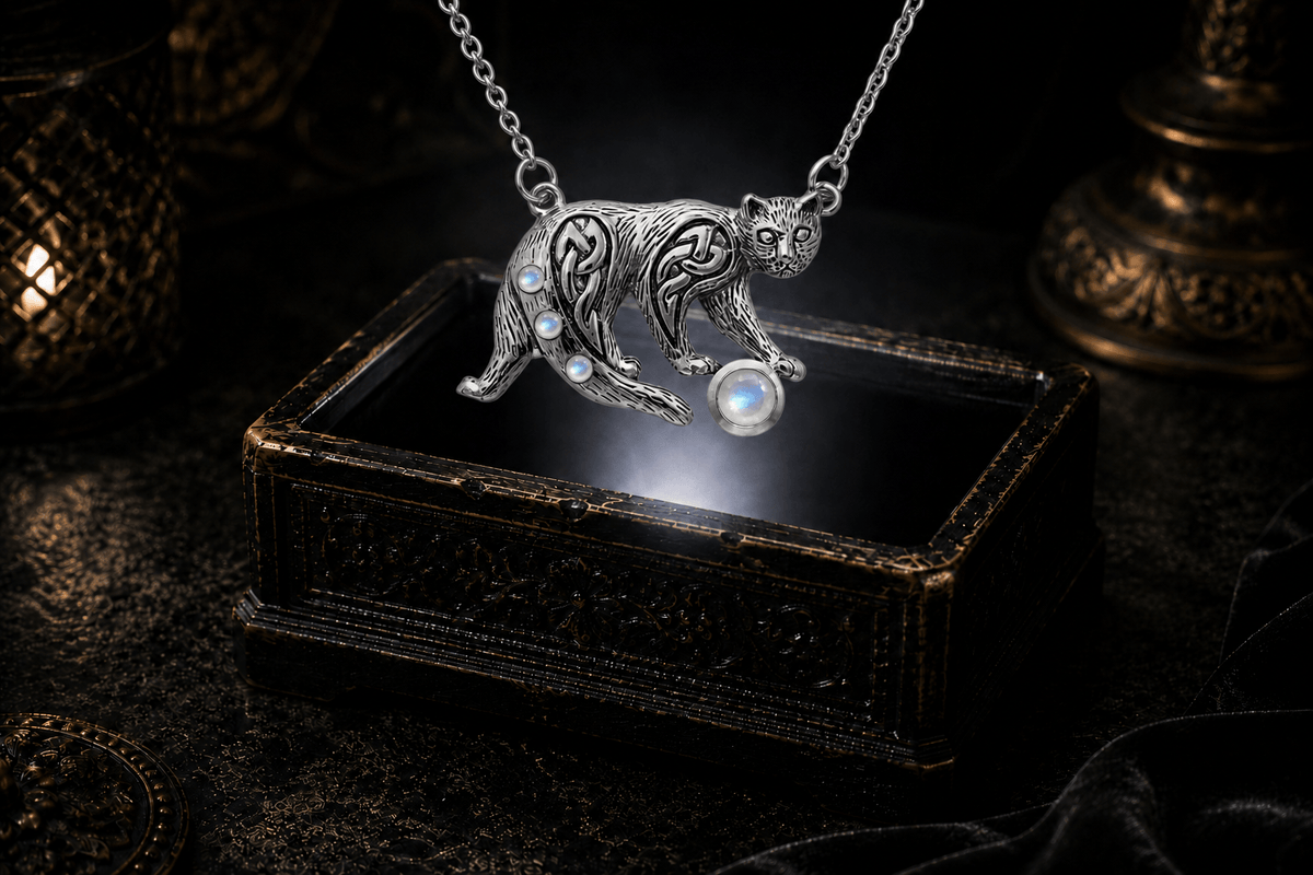 Sterling silver playful cat necklace with Celtic knotwork, rainbow moonstone accents along the curved tail, and a larger round moonstone ball beneath the front paws.