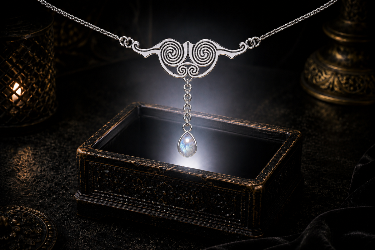 Sterling silver Celtic spiral necklace with rainbow moonstone gemstone dangles surrounded by soft glowing light in an elegant dark setting