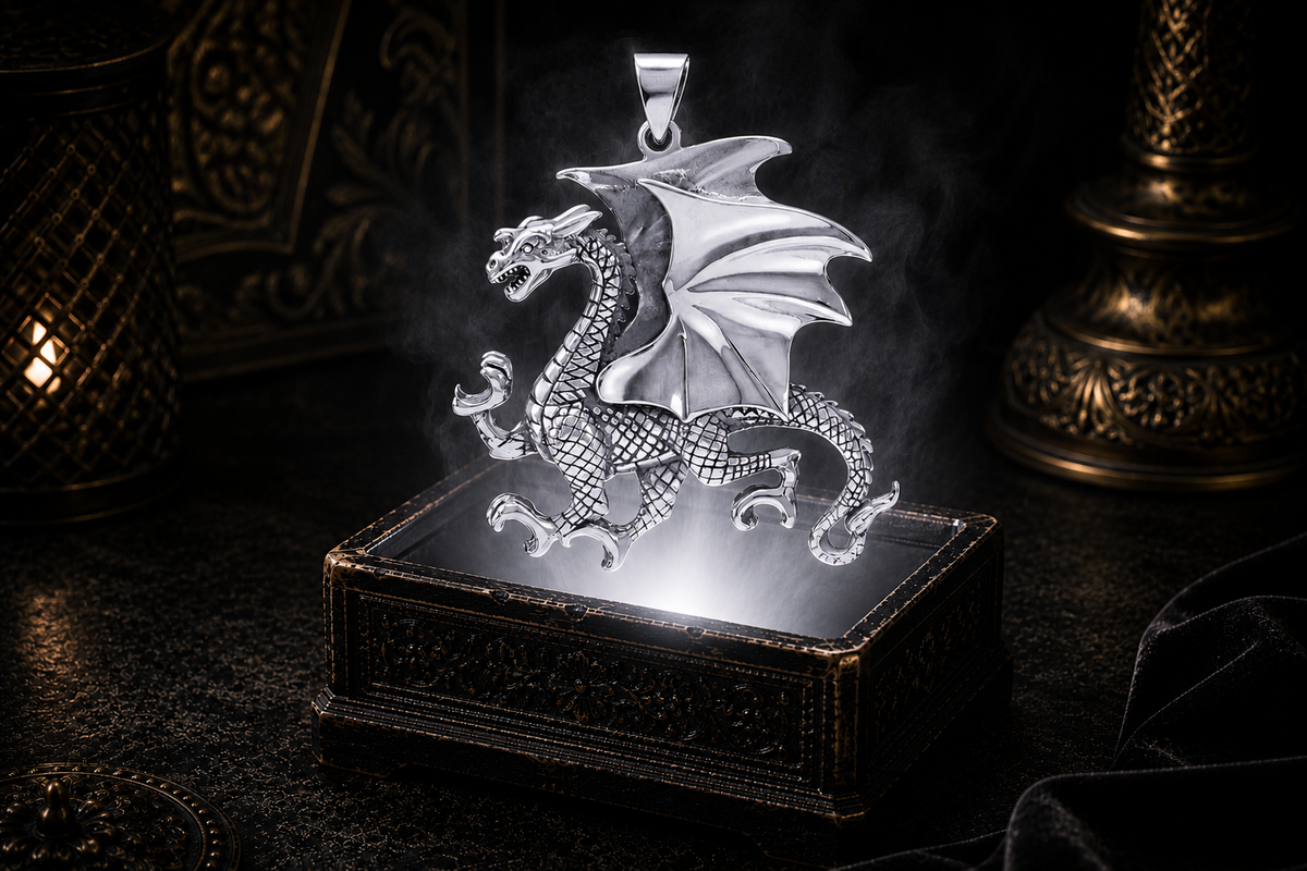 Sterling silver rampant dragon pendant with raised claws and sweeping wings floating above an ornate jewelry box illuminated by soft white light in a dark luxury setting.