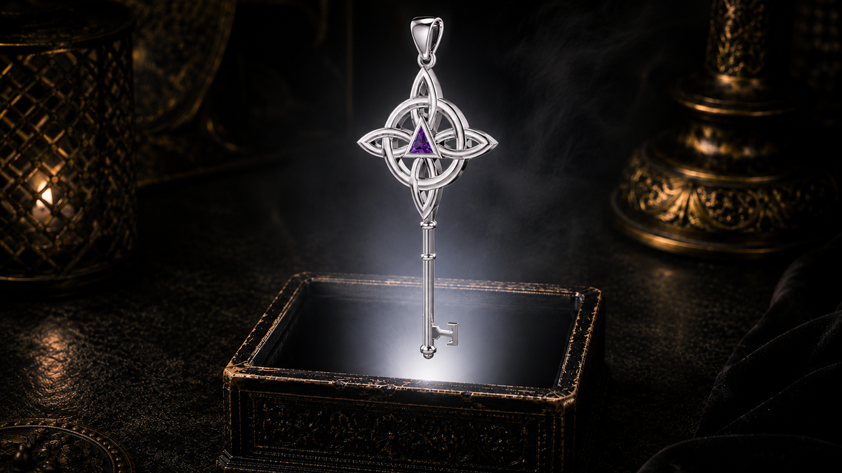 Sterling silver recovery skeleton key pendant with amethyst gemstone and recovery triangle floating above an ornate jewelry box in a dark luxury setting illuminated by warm cinematic light.