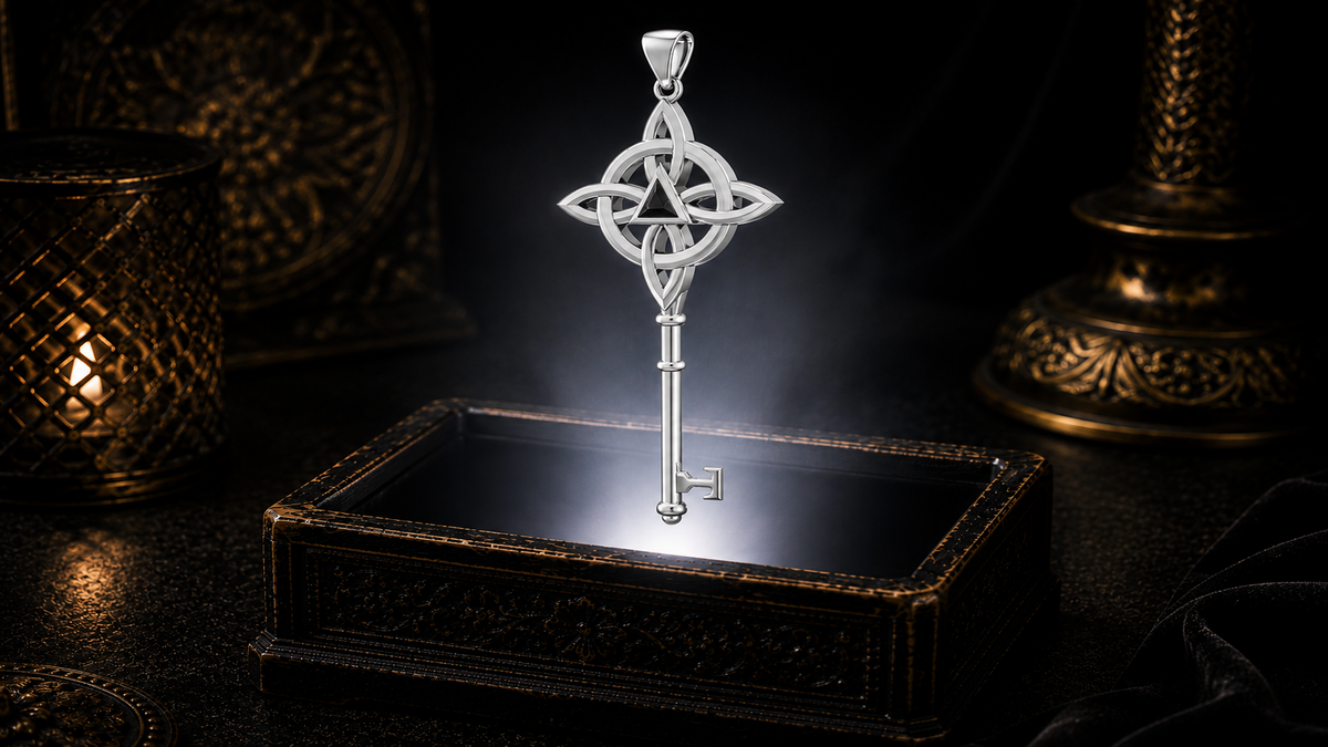 Sterling silver recovery skeleton key pendant with black onyx gemstone and recovery triangle displayed above an ornate jewelry box surrounded by refined shadows and a mystical luxury atmosphere.