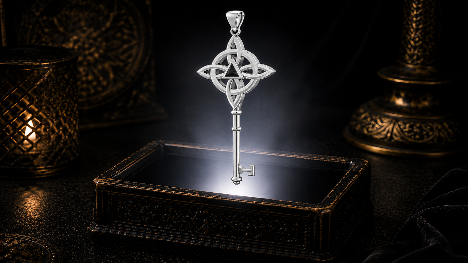 Sterling silver recovery skeleton key pendant with amethyst gemstone and recovery triangle floating above an ornate jewelry box in a dark luxury setting illuminated by warm cinematic light.