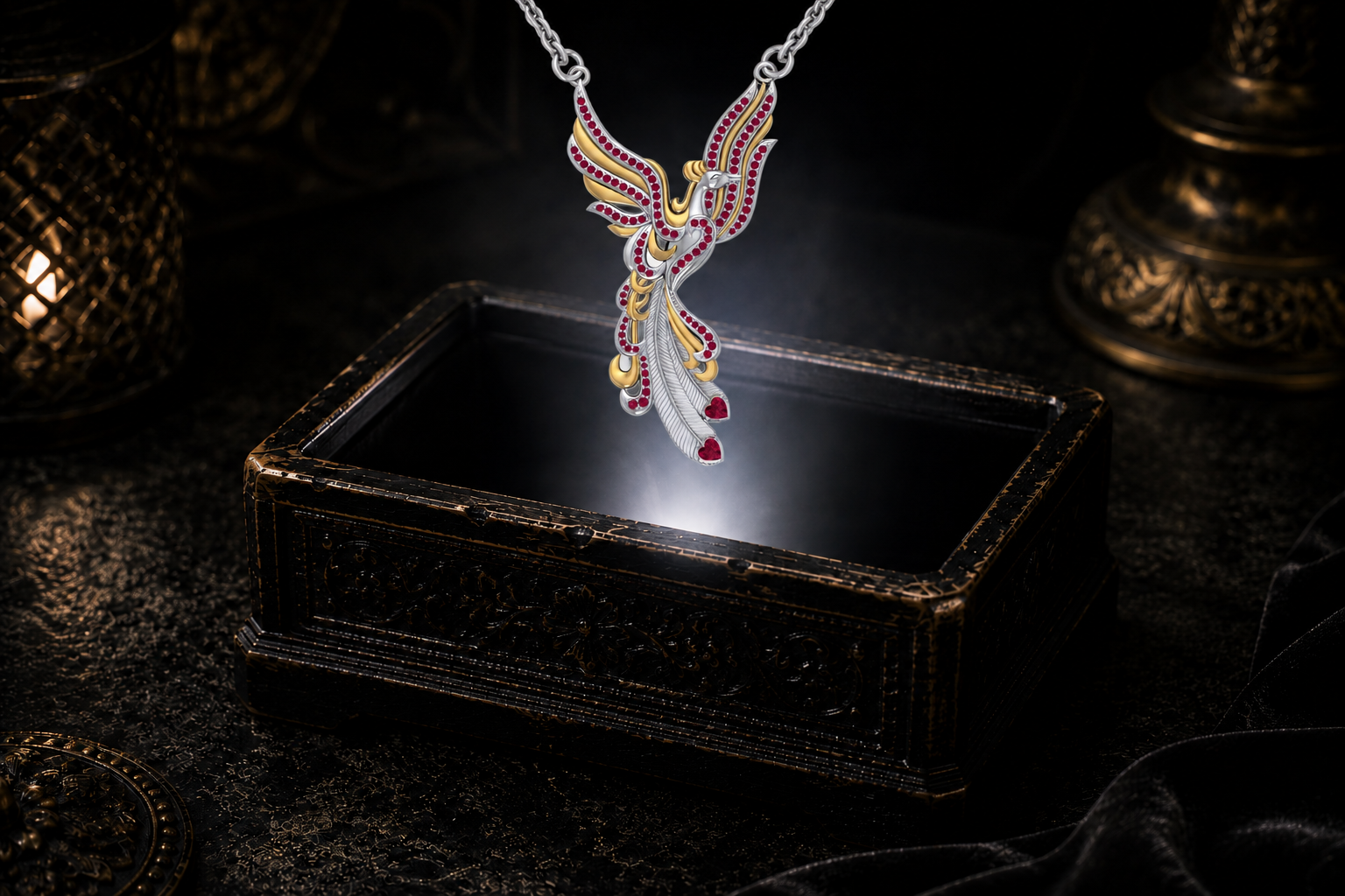 Rising phoenix necklace with ruby gemstones, silver featherwork, gold accents, and sweeping raised wings suspended in a neutral white beam