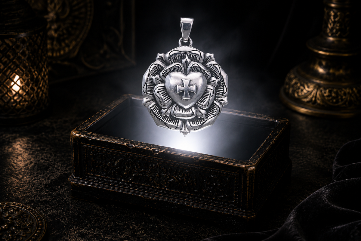 Sterling silver Rosicrucian Rose Cross pendant floating above an ornate black jewelry box illuminated by soft white light, surrounded by candlelit reflections and subtle mist in a dark luxury mystical setting.