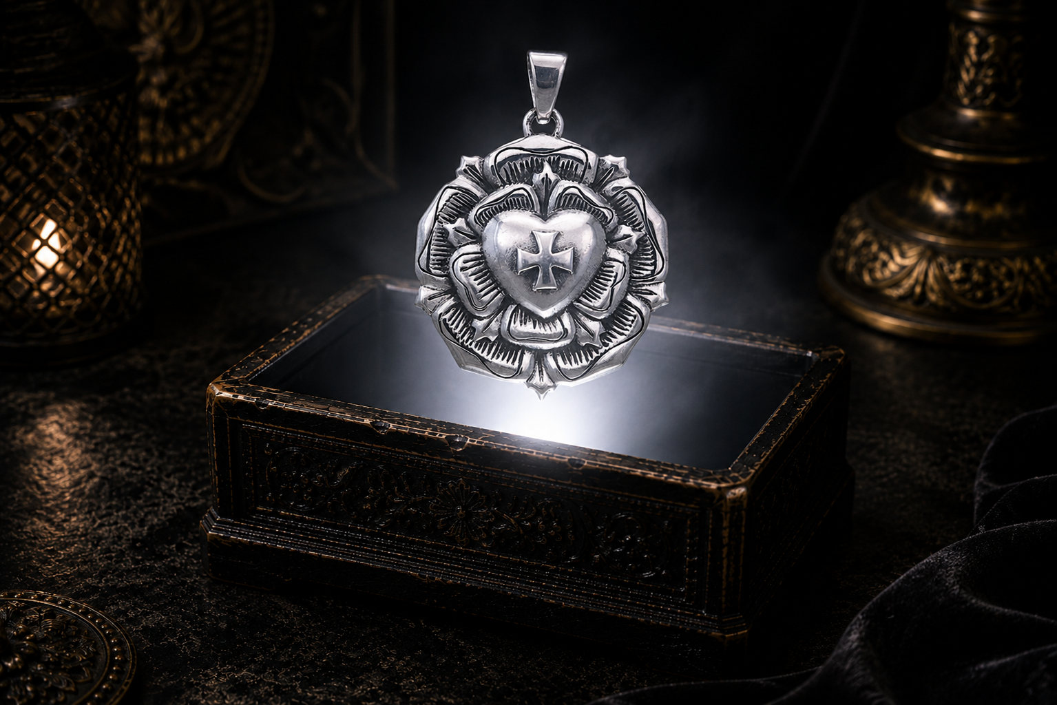Sterling silver Rosicrucian Rose Cross pendant floating above an ornate black jewelry box illuminated by soft white light, surrounded by candlelit reflections and subtle mist in a dark luxury mystical setting.