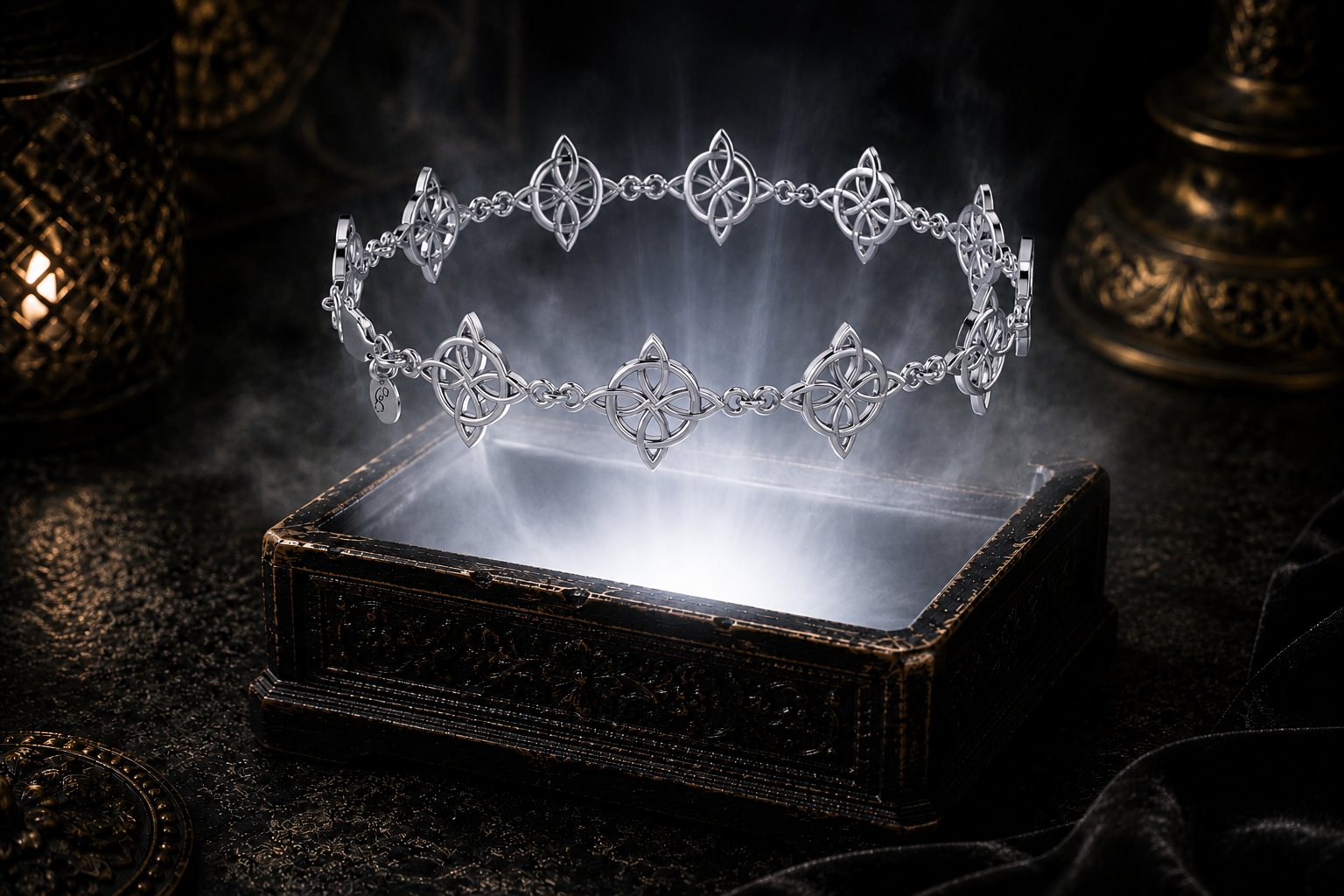 Royal Celtic Fourfold Knot sterling silver bracelet floating above an ornate jewelry box illuminated by soft white light, symbolizing Celtic heritage and aristocratic elegance in a dark luxury setting inspired by ancient noble lineages.