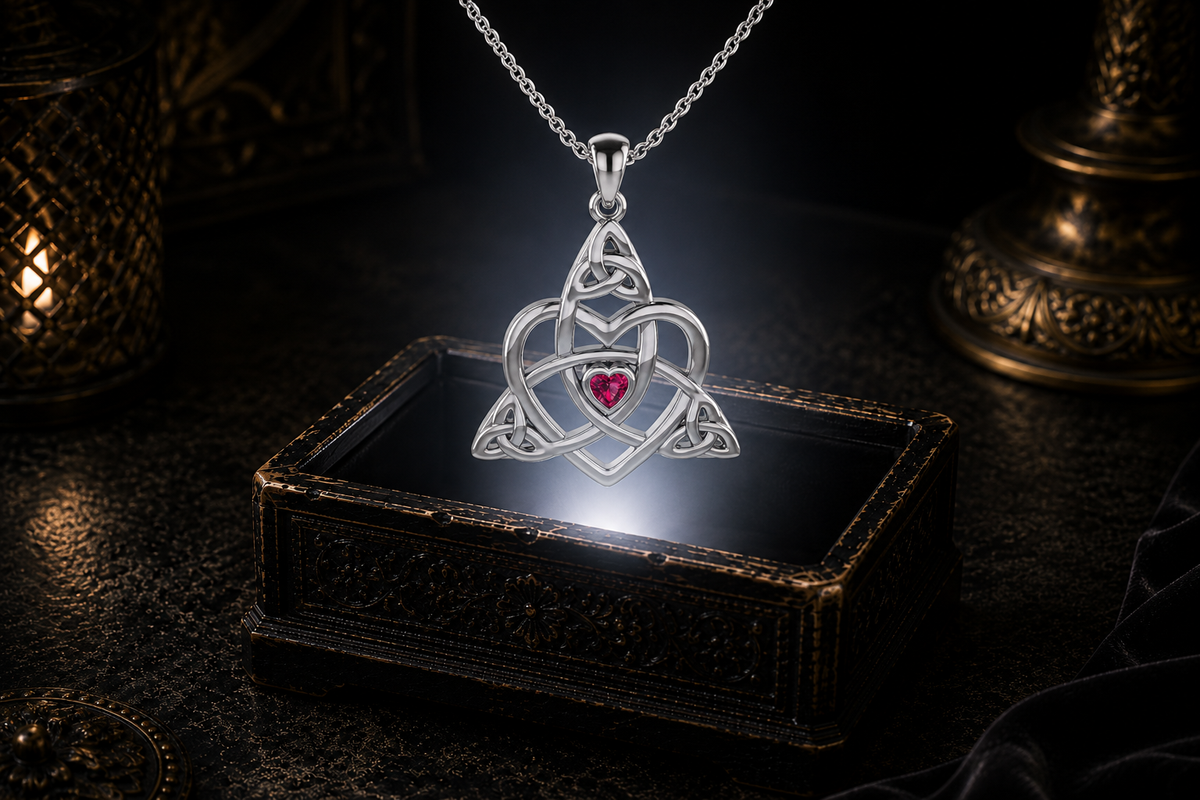 Ruby Celtic Trinity heart pendant with sterling silver cable chain suspended above an antique jewelry box with warm ambient light