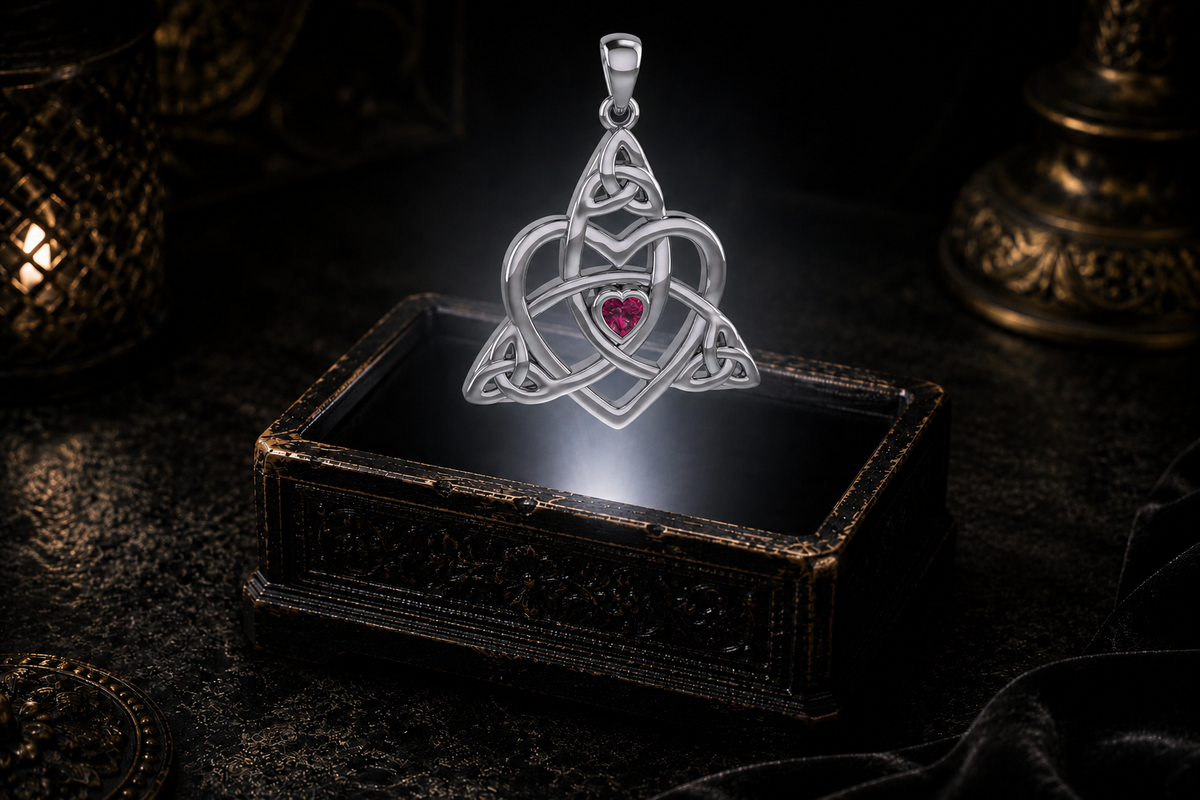 Sterling silver Celtic Trinity heart pendant with a heart-shaped ruby hovering above an illuminated ornate jewelry box in a dark luxury setting