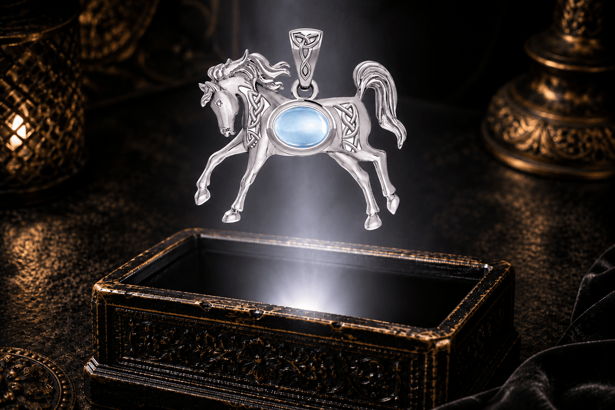 Celtic horse pendant in white gold with a pale blue topaz center stone suspended within a neutral white beam of light.