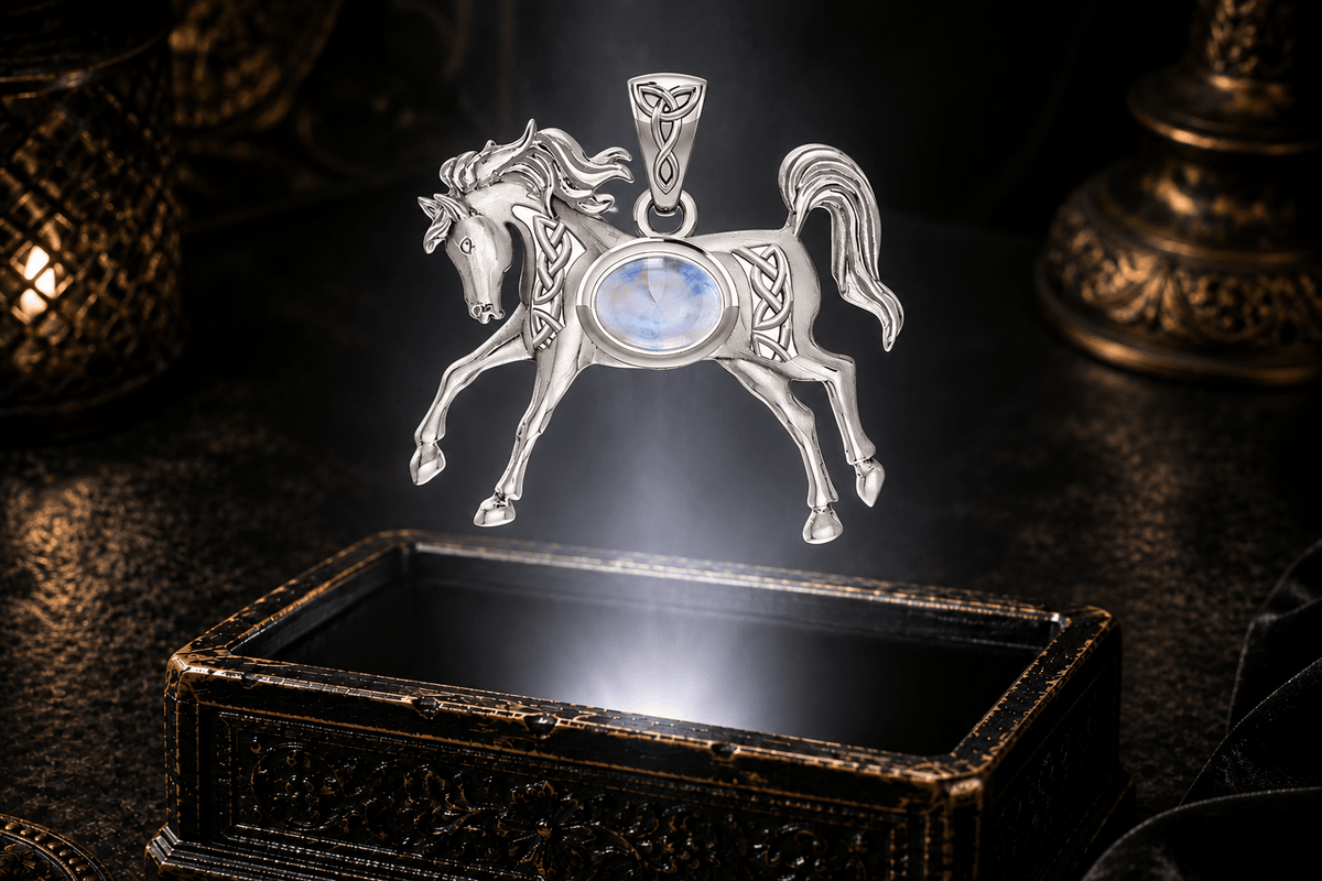 Celtic running horse pendant in 14K white gold with rainbow moonstone center and open knotwork against a dark jewelry backdrop.