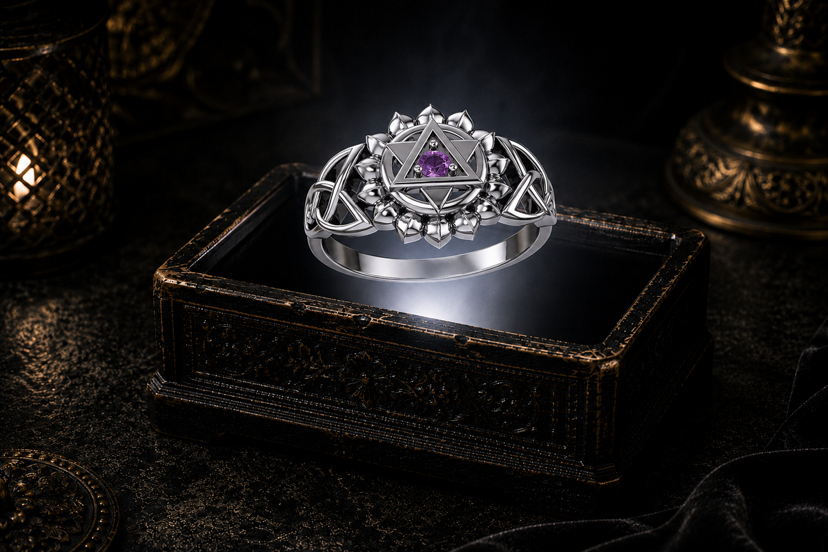 Sacred Anahata chakra sterling silver ring with Celtic knotwork and amethyst gemstone displayed above an ornate dark jewelry box in a mystical gothic setting.
