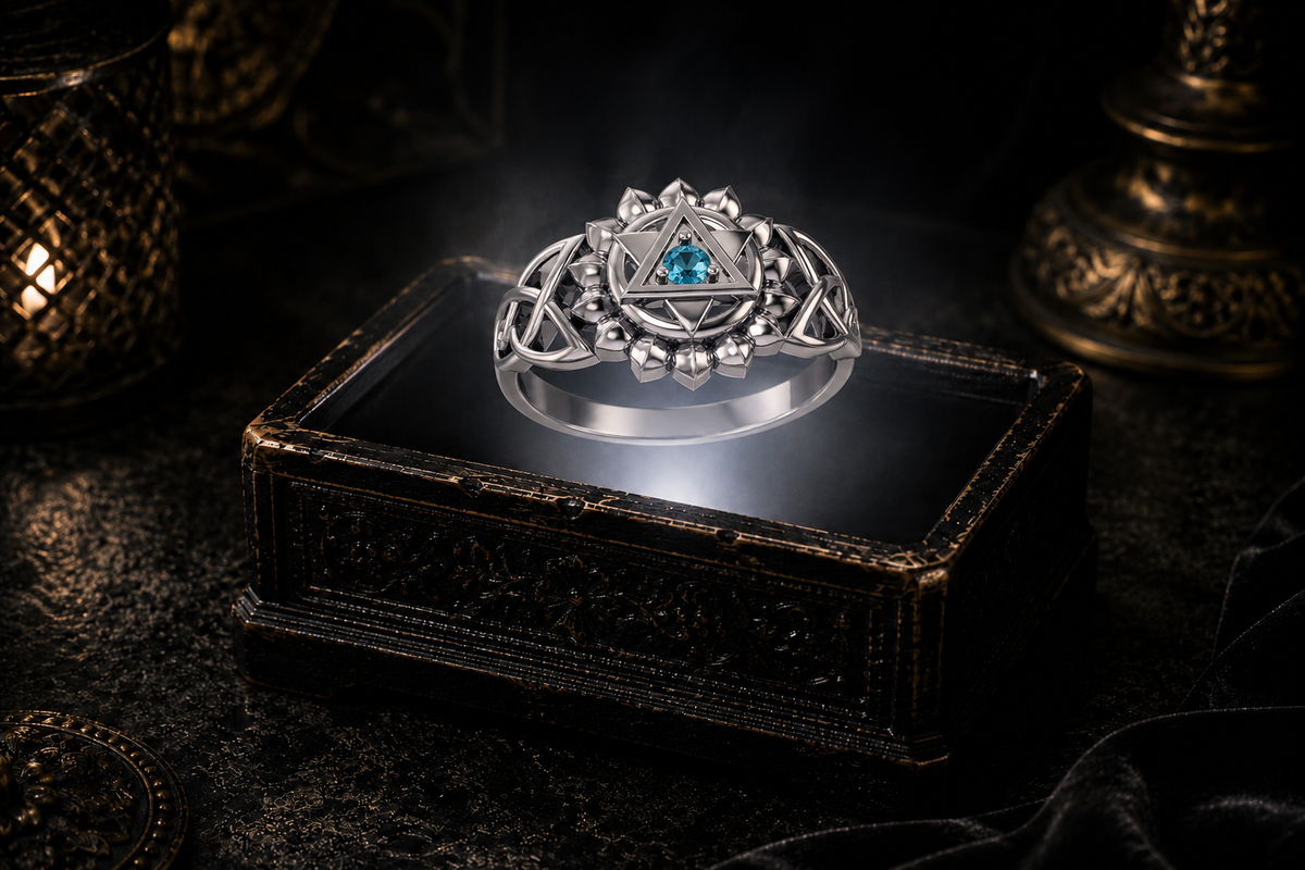Sacred Anahata chakra sterling silver ring with Celtic knotwork and blue topaz gemstone displayed above an ornate dark jewelry box in a mystical gothic setting.