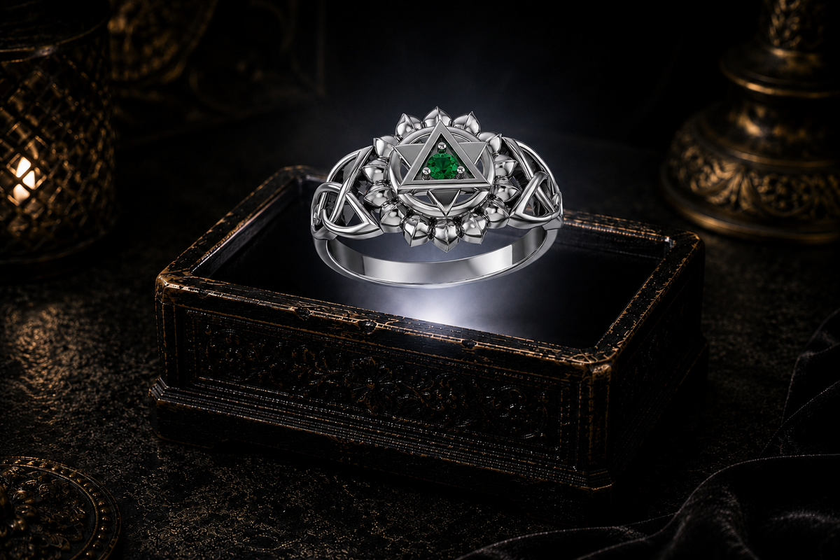 Sacred Anahata chakra sterling silver ring with Celtic knotwork and emerald glass gemstone displayed above an ornate dark jewelry box in a mystical gothic setting.
