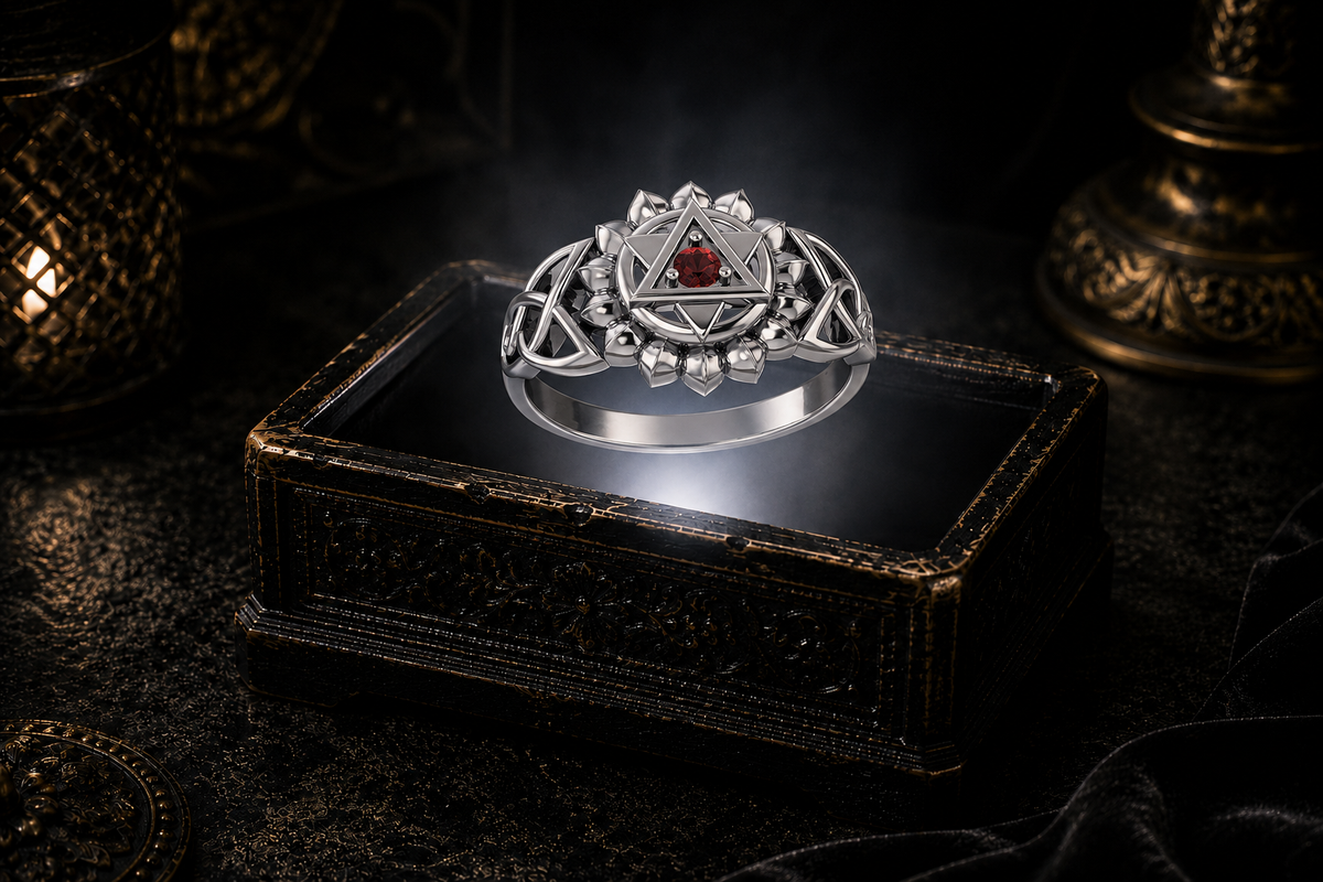 Sacred Anahata chakra sterling silver ring with Celtic knotwork and garnet gemstone displayed above an ornate dark jewelry box in a mystical gothic setting.