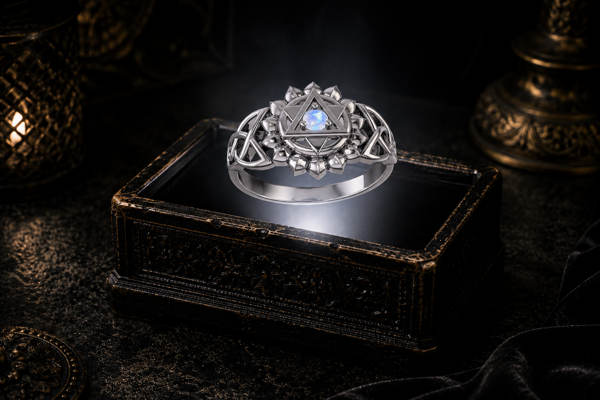 Sacred Anahata chakra sterling silver ring with Celtic knotwork and rainbow moonstone gemstone displayed above an ornate dark jewelry box in a mystical gothic setting.